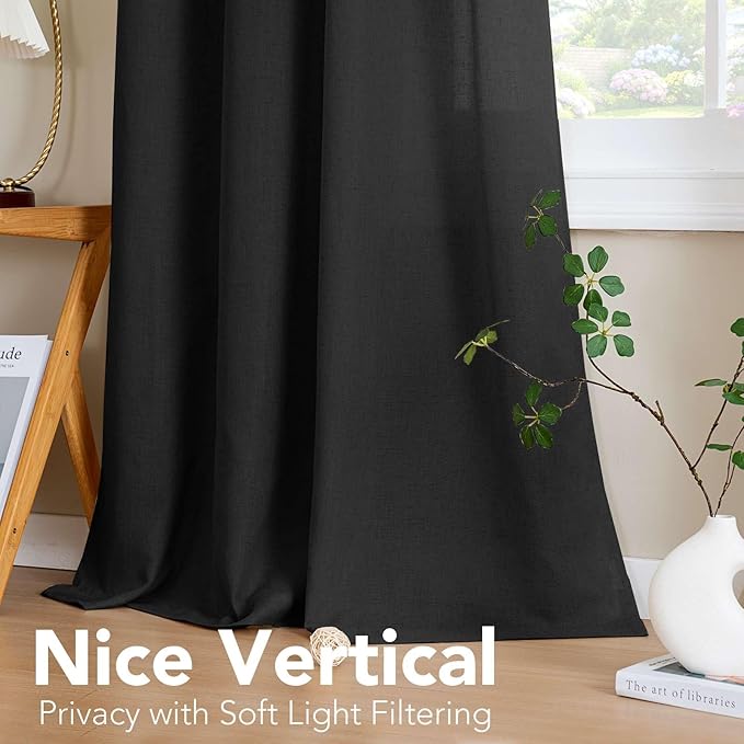 H.VERSAILTEX Living Room Linen Curtains Home Decorative Nickel Grommet Curtains Privacy Added Energy Saving Light Filtering Window Treatments Panels for Bedroom, Heather Black, 2 Panels, 52 x 108 Inch