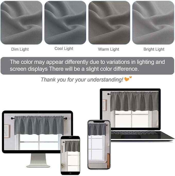 Chyhomenyc Light Grey Valances for Window, Room Darkening Short Curtains for Kitchen Bedroom Living Room, Rod Pocket Top Small Window Treatment Valance RV Bunk Panels, 40Wx14L, 2 Pieces
