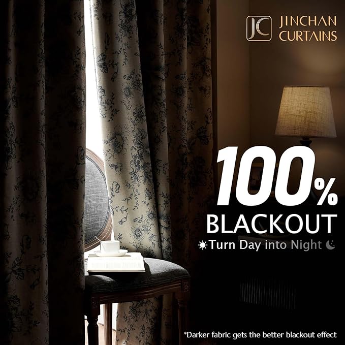 jinchan Blackout Floral Curtains for Living Room Bedroom Linen Blend Curtain Farmhouse Grey Printed with Lined Back Tab Rod Pocket Drapes Window Treatments 2 Panels 90 Inch Gray