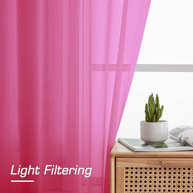 OWENIE Hot Pink Sheer Curtains for Bedroom Living Room 54 Inch Length 2 Panels Set, Soft Solid Light Filtering Sheer Short Curtains for Small Window, 2 Pcs Total 84 Width 54 Long, Hot Pink