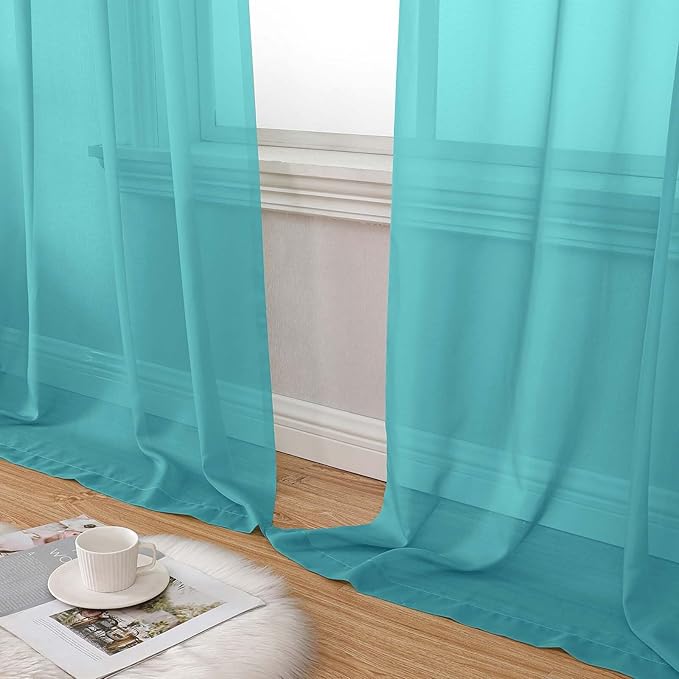 Turquoise Sheer Curtains for Bedroom Living Room 96 Inches Long 2 Panels, Modern Airy Soft Lightweight Rod Pocket Light Filtering Sheer Curtains Drapes, Turquoise, Each 42" Wx96 L Inch