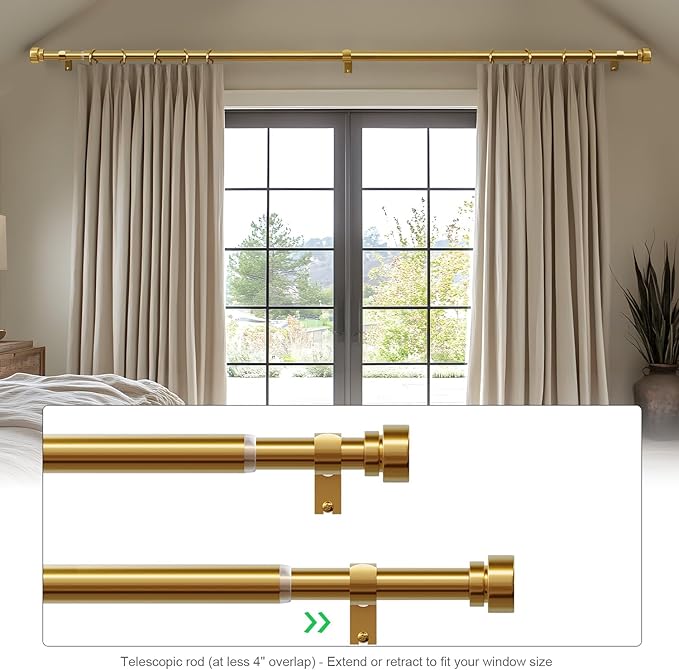 Lootkell Gold Curtain Rods for Windows 72 to 144 Adjustable Modern Curtain Rod 1 inch Diameter Heavy Duty with Solid Metal Finials for Living Room Bedroom Farmhouse Outdoor Patio