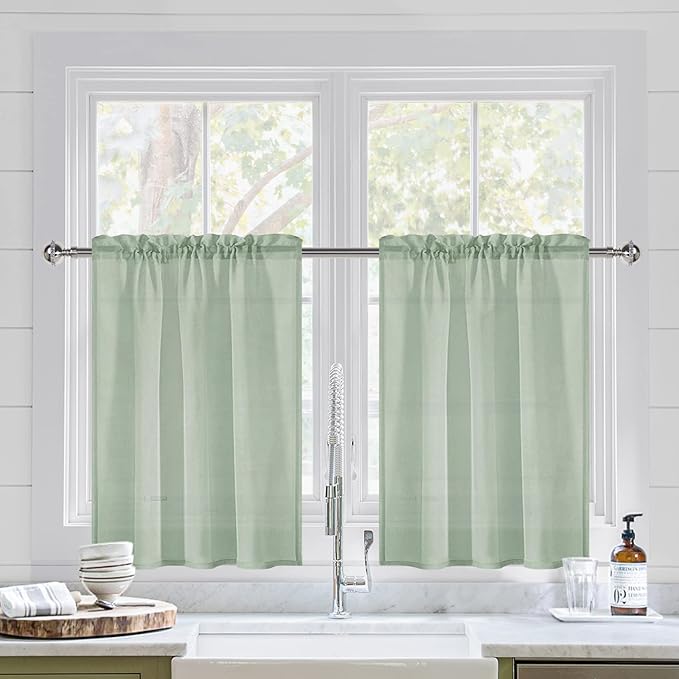 DWCN Bean Green Sheer Curtains for Kitchen Windows - Rod Pocket Semi Transparent Voile Tier Curtains for Bedroom, Living Room, Farmhouse, 36 x 36 inches Long, Set of 2 Panels