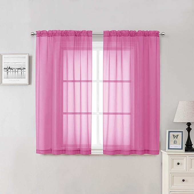 Lecloud Hot Pink Sheer Curtains 54 Inch Length 2 Pcs, Solid Color Voile Modern Farmhouse Decor Bedroom Curtains for Living Room, Rod Pockets Airy Window Treatment Drapes, Each Panel 42" W x 54" L