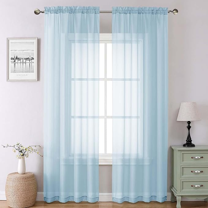 Lecloud Sky Blue Sheer Curtains 90 Inches Long 2 Panels, Light Filtering Voile Solid Airy Curtains, Transparent Farmhouse Decor with Dual Rod Pocket for Living Room Bedroom, Each 42" W x 90" L