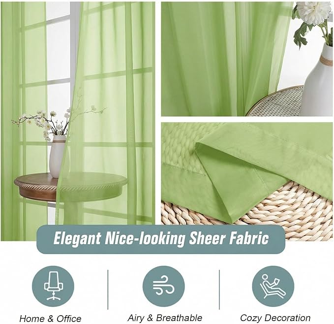 Sheer Curtains 63 Inch Length 2 Panels, Soft Voile Sheer Curtains for Christmas, Breathable Light Filtering Window Treatments, Dual Rod Pocket Panels, Lime, 2x42Wx63L Inches