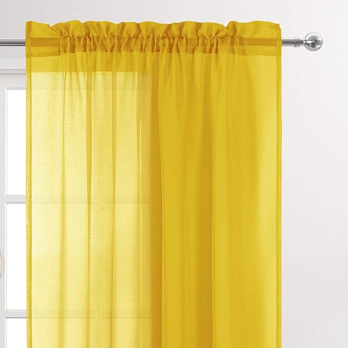 DWCN Yellow Sheer Curtains for Kitchen Windows - Rod Pocket Semi Transparent Voile Tier Curtains for Bedroom, Living Room, Farmhouse, 36 x 36 inches Long, Set of 2 Panels