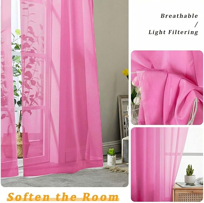 Gwine Short Kitchen Sheer Curtains 36 Inch Length - Light Filtering Voile Small Half Window Curtain for Basement, Rod Pocket Cafe Curtains for Bathroom Cabinet, 42Wx36L Inch, 2 Panels, Hot Pink