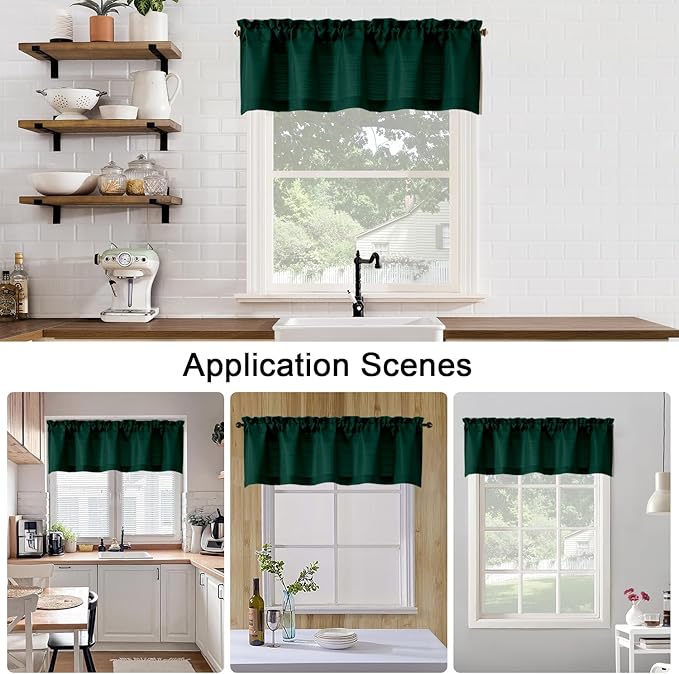 Chyhomenyc Hunter Green Valance for Windows, Light Filtering Faux Linen Textured Small Short Valance for Kitchen Bathroom Laundry Basement, Solid Rod Pocket Top Window Curtain, 60Wx14L inch, 1 Piece