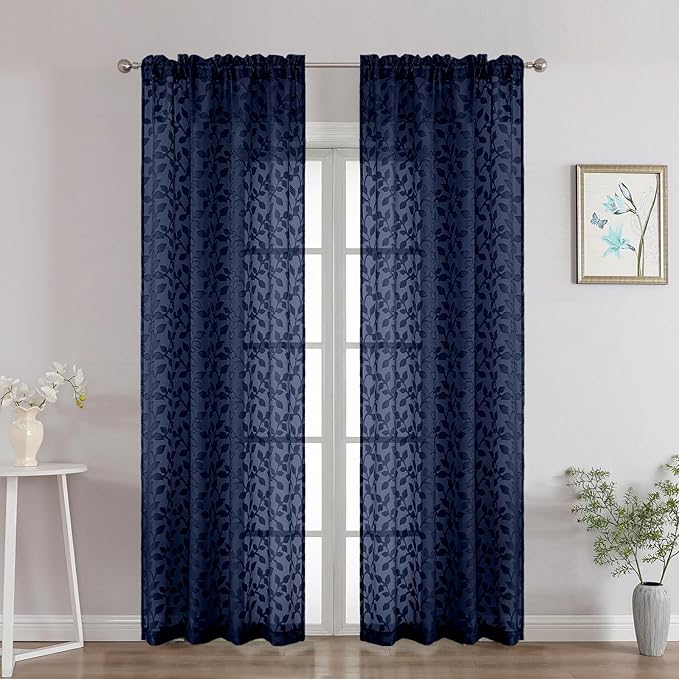 Chyhomenyc Navy Blue Sheer Curtains 84 Inch Length 2 Panels Set, Light Filtering Tufted Textured Soft Airy Rod Pocket Gentle Leaf Window Treatment Drapes for Bedroom Living Room, 42" Wx84 L, 2PCS