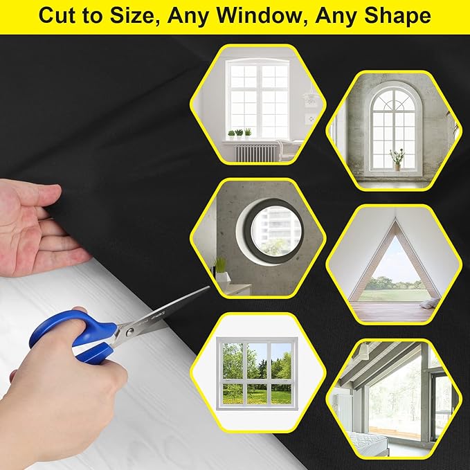 FADOTY Blackout Curtains for Bedroom, Portable 100% Black Out Window Cover Film, Cuttable Blackout Shades Fabric Sheet, No Drill Window Blinds, Sun Heat Light Blocker for Travel Media Dorm, 57'' W