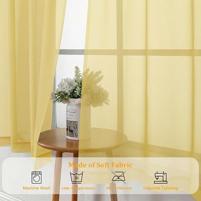Gwine Short Kitchen Sheer Curtains 30 Inch Length - Light Filtering Voile Small Half Window Curtain for Basement, Rod Pocket Cafe Curtains for Bathroom Cabinet, 42Wx30L Inch, 2 Panels, Yellow