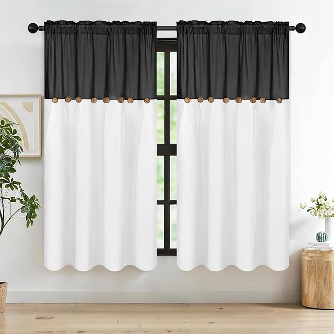 FRAMICS Farmhouse Cotton Linen Curtains, Boho Button Panels, 52"W x 63"L, Black, 2 Panels