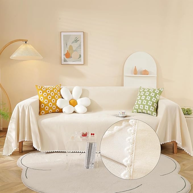 HANDONTIME Beige Sofa Covers Couch Covers for 3 Cushion Sofa Cute Couch Cushion Covers Pet Couch Protector Thick Chenille Loveseat Cover Multi-Functional Throw Cover, 71" X118"