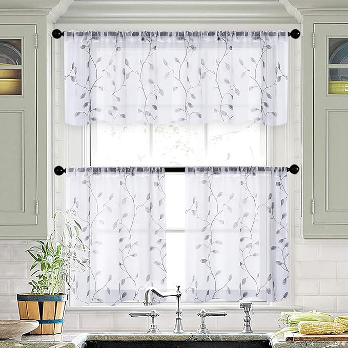 MRTREES Sheer Voile Curtain Valances, Leaves Embroidered Valance Curtains Rod Pocket, Small Sheer Window Curtains Treatment for Bedroom/Living Room/Kitchen/Basement(1 Panel, 54x16 Inches, Grey Leaves)