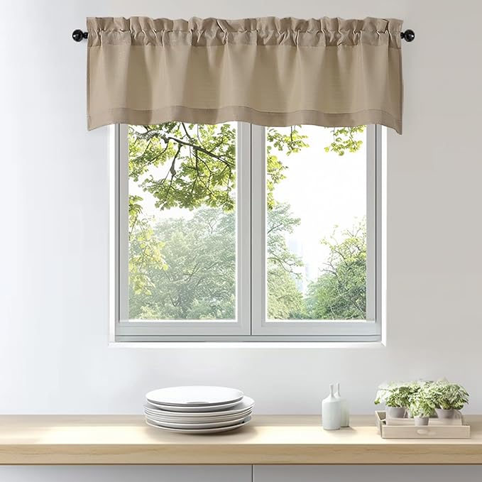 OWENIE Bob 1 PCS Camel Valances for Windows, Faux Linen Textured Kitchen Window Curtains Valance for Bedroom Living Room, Modern Soft Airy Solid Rod Pocket Bathroom Cafe Curtain, 60Wx16L Inch