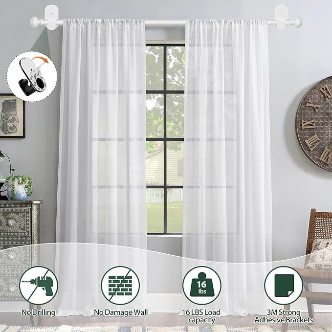 KAMANINA Curtain Rods No Drilling for Windows 16 to 30 Inches, 5/8 Inch Small Curtain Rod 2 Pack for Door Screwless with Adhesive Brackets without Drilling, White