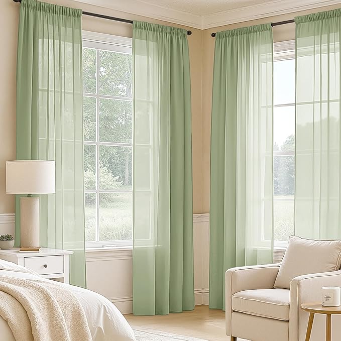 MIULEE Sage Green Sheer Curtains 72 Inches Long, 4 Panels Set, Light Filtering Rod Pocket Voile Drapes Window Treatments, Semi Transparent Airy Fabric for Bedroom and Living Room, 54 x 72 Inches