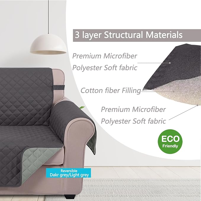 U-NICE HOME Reversible Sofa Cover Washable Couch Cover for Dogs with Elastic Straps Water Repellent Furniture Protector for 3 Cushion Couch Pet Friendly (Sofa, Dark Grey/Light Grey)