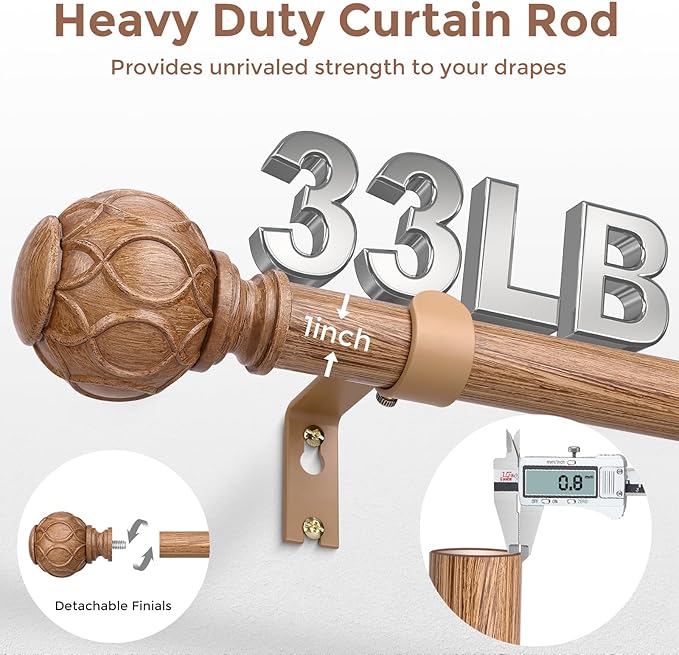 Long Wood Curtain Rods for Windows 66 to 120 Inch, Boho Vintage Decorative 1'' Wooden Curtain Rod, Adjustable Heavy Duty Rustic Farmhouse Drapery Pole with Netted Imitation Wood Grain Finials