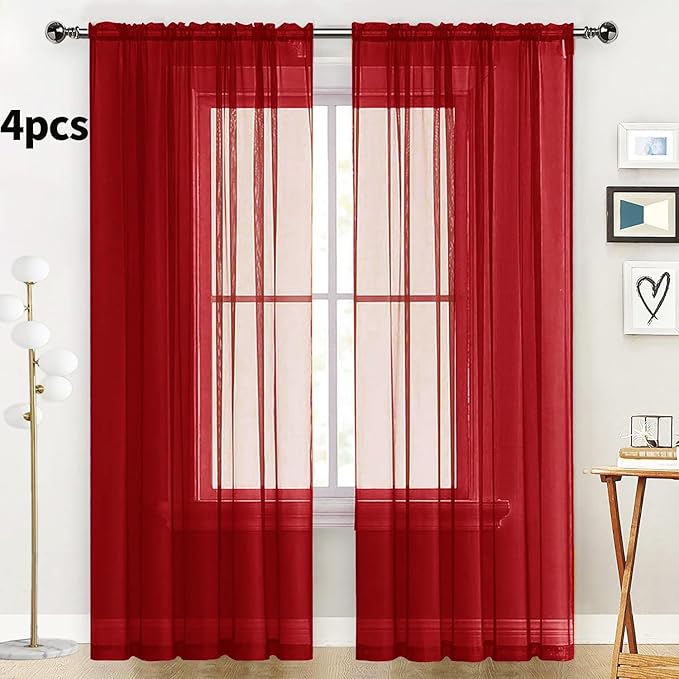 SpaceDresser Christmas Red Sheer Curtains 4 Panels Rod Pocket Semi-Sheer Curtain 108 Inches Long Light Filtering Voile Window Drapes for Bedroom Living Room Kitchen, Each 52W x 108L