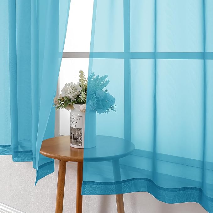 Lecloud Turquoise Sheer Curtains 54 Inch Length 2 Panels, Light Filtering Voile Curtain Drapes for Kitchen Bedroom Small Windows, Dual Rod Pocket Living Room Sheer Curtains, 40 W x 54 L Inches