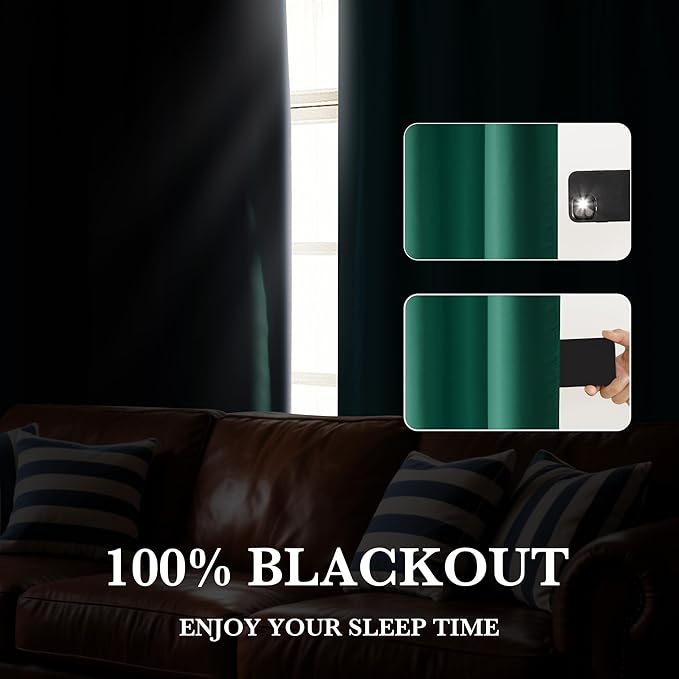 RYB HOME Bedroom Blackout Curtains 72 inches Long, 100% Blackout Thermal Insulated Noise Reducing Curtains for Living Room Nursury, 62 inches Wide by 72 inches Long, Dark Green