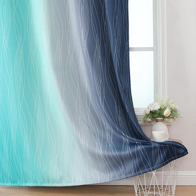 Estelar Textiler Navy Blue and Teal Ombre Blackout Curtains 54 Inch Length 2 Panels, Full Room Darkening Gradient Drapes for Kitchen, Thermal Insulated Grommet Short Curtains for Bedroom,42Wx54L