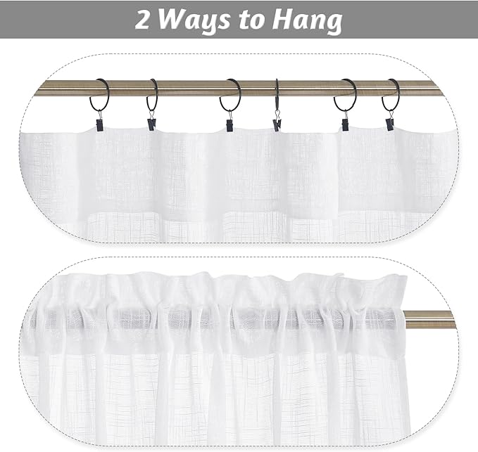 RYB HOME Window Topper Valances 24 inch Length, Privacy Protected Home Decor Soften Sunlight Rustic Half Curtains for Bathroom Kitchen RV Basement, W 34 x L 24 inches, White, 2 Panels