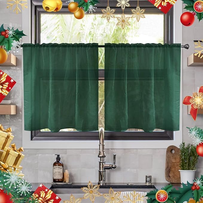 youleyar Solid Sheer Rod Pocket Curtain Voile Draperies 2 Panels White Beige Black Ivory Grey 26 Inch Width 24 Inch Long 1 Pair for Kitchen Bedroom Children Living Room Yard(Foliage Green,26W x 24L)