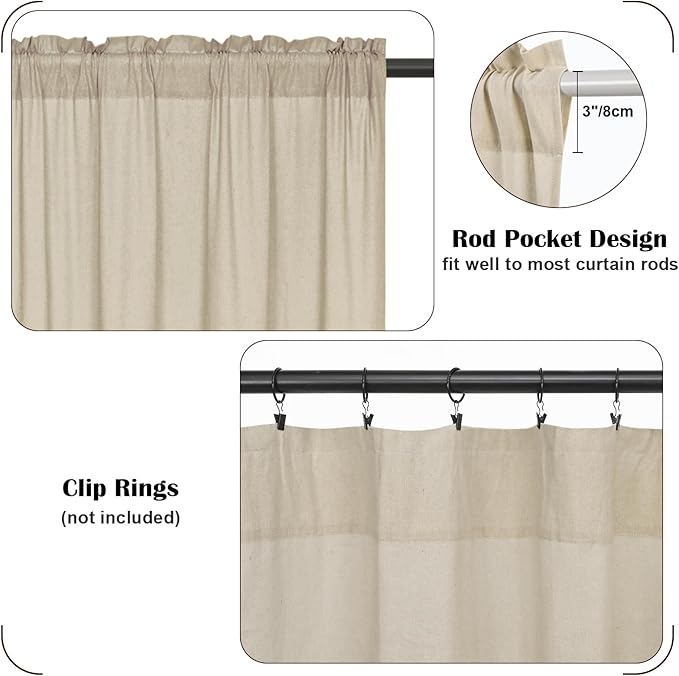 FRAMICS Farmhouse Valance Curtains, Boho Cotton Linen Kitchen Valance, Rustic Button Window Valances, Country Rod Pocket Valances for Windows Bedroom, Semi-Circular, Linen and White, 52 x 18 Inch