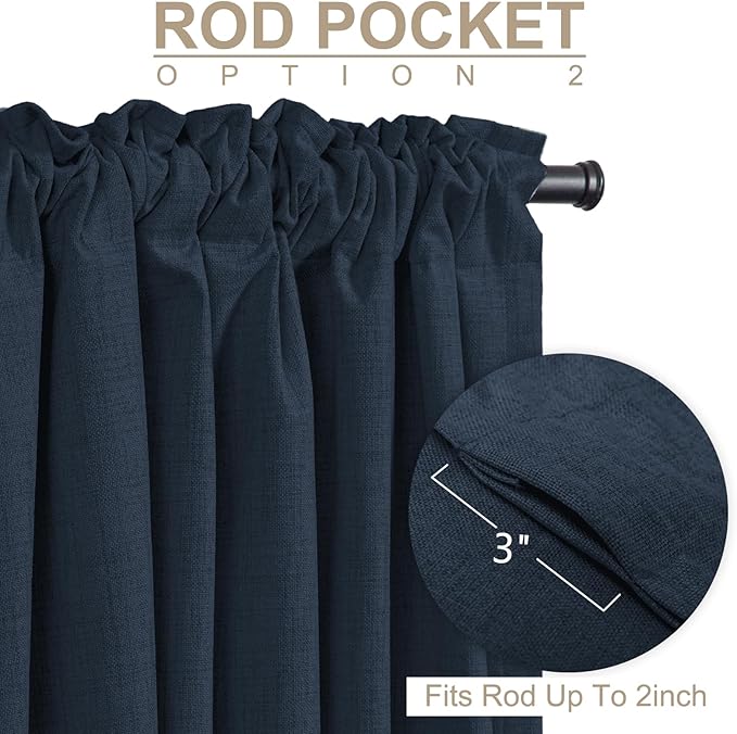100% Blackout Shield Linen Blackout Curtains for Bedroom 108 Inches Long, Back Tab/Rod Pocket Living Room Drapes, Thermal Insulated Blackout Curtains 2 Panels Set, 50" W x 108" L, Navy
