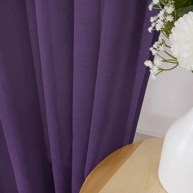 Tollpiz Short Sheer Curtain Linen Textured Bedroom Curtains Sheer Light Filtering Rod Pocket Voile Curtain for Living Room, 54 x 54 inches Long, Royal Purple, Set of 2 Panels