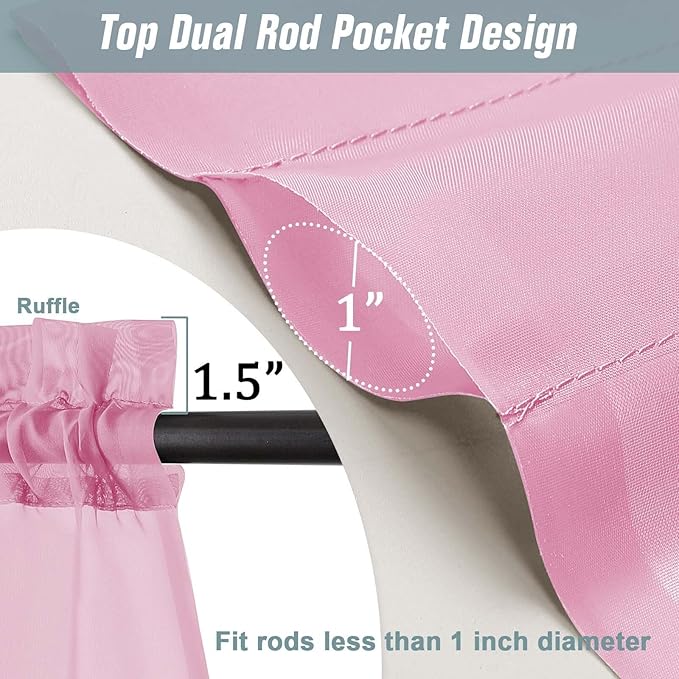 Light Pink Valances for Windows 14 inch Length 2 Panels, Small Voile Sheer Curtains for Bathroom, Soft Fabric Lightweight Light Filtering Kitchen Curtains, Dual Rod Pocket, 2x42Wx14L Inches