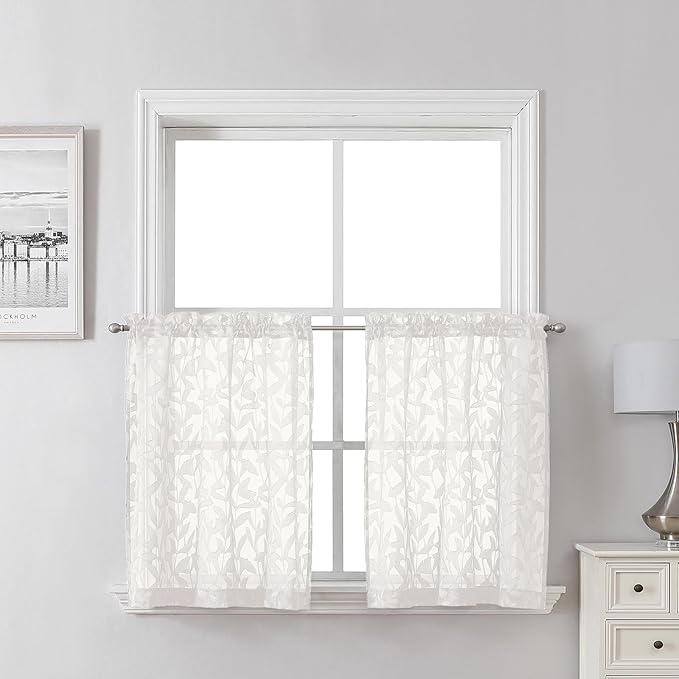 Lecloud Leia Ivory Sheer Kitchen Curtains 24 Inch Length 2 Pcs, Jacquard Leaf Textured Voile Short Curtains with Dual Rod Pocket, Farmhouse Bedroom Living Room Tiers, Each Panel 28" W x 24" L