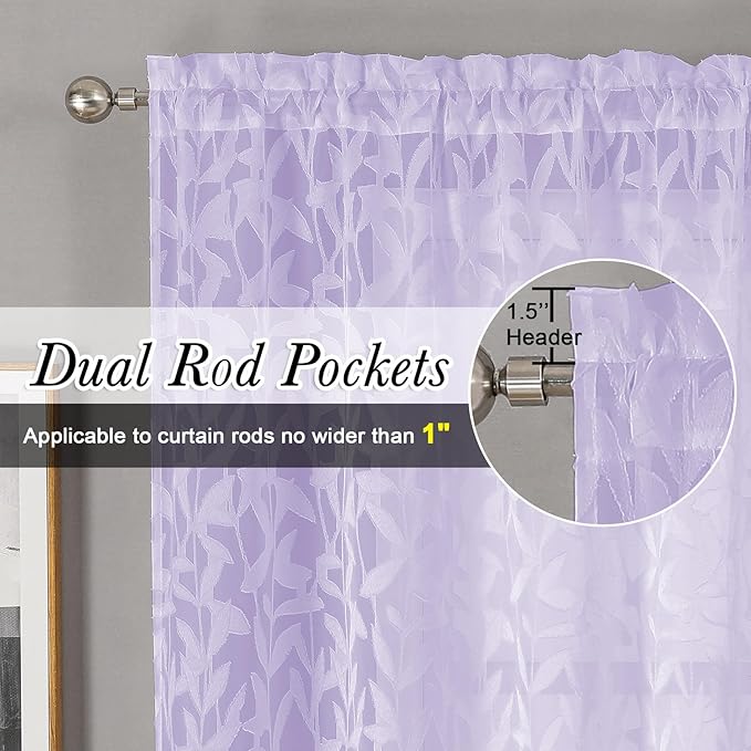 Lecloud Leia Light Purple Sheer Kitchen Curtains 24 Inch Length 2 Panels, Jacquard Textured Leaf Voile Short Curtains with Dual Rod Pocket, Farmhouse Bedroom Living Room Tiers, 38 W x 24 L
