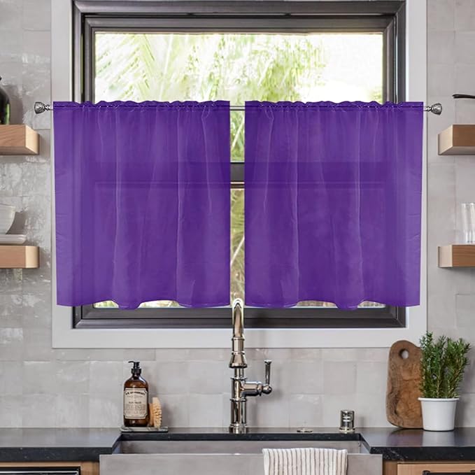 youleyar Solid Sheer Rod Pocket Curtain Voile Draperies 2 Panels White Beige Black Ivory Coffee 22 Inch Width 50 Inch Long 1 Pair for Kitchen Bedroom Children Living Room Yard(Purple,22W x 50L)