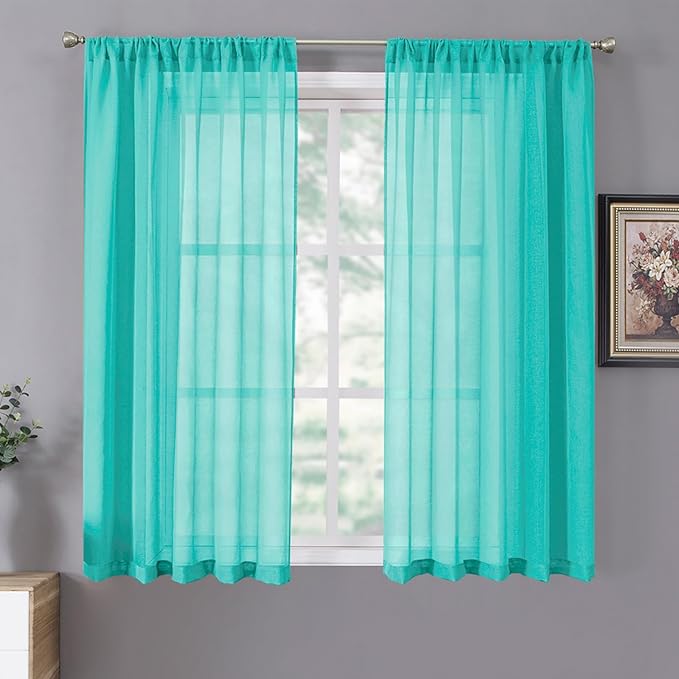 Tollpiz Short Sheer Curtain Living Room Linen Textured Curtains Sheer Light Filtering Voile Rod Pocket Curtain for Bedroom, 38 x 54 inches Long, Aqua Blue, Set of 2 Panels