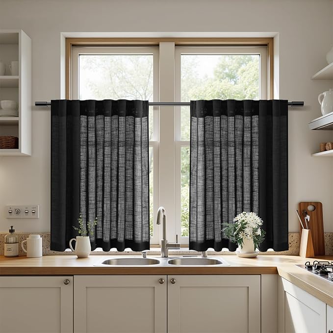 Nanspring Short Linen Kitchen Curtains 36 Inch Length,Over Sink Black Privacy Semi Sheer Curtains Back Tab and Rod Pocket Drapes for Basement Bathroom Window 42 x 36 Inch,2 Panels