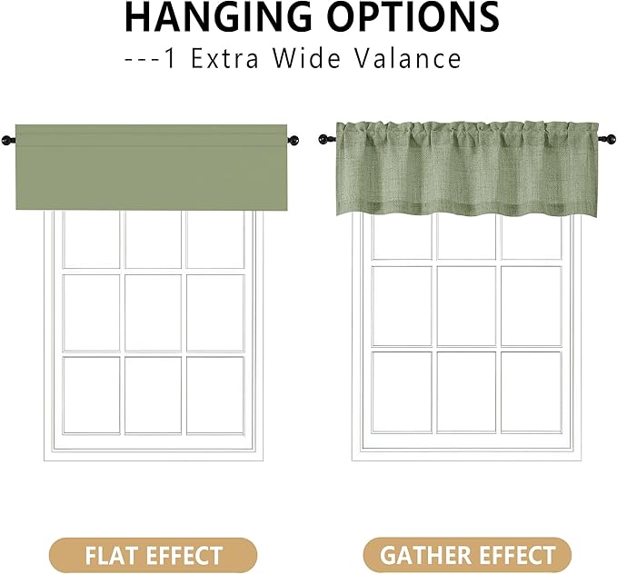 OVZME Green Valance for Windows, Light Filtering Faux Linen Textured Small Short Valance Kitchen Curtain, Dual Rod Pocket Top Short Window Curtain for Bathroom Basement Farmhouse, 1 Piece, 60Wx12L