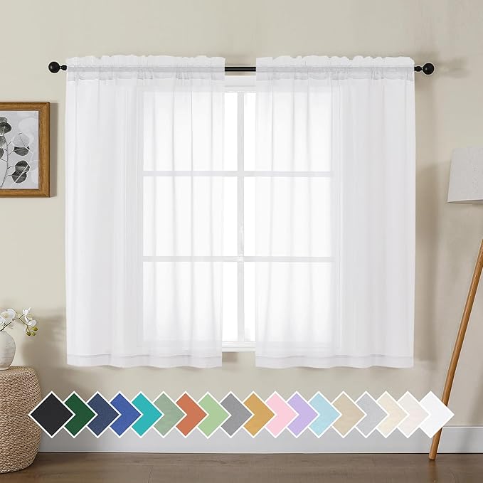 Gwine White Sheer Curtains for Living Room 45 inches Long, Short Voile Light Filtering Window Treatments Sheer Curtains for Bedroom, Half Window Drapes with Rod Pocket, Each 42" Wx45 L
