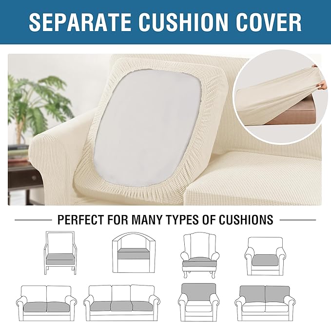 H.VERSAILTEX 4 Piece Stretch Sofa Covers for 3 Cushion Couch for Living Room Furniture Slipcovers (Base Cover Plus 3 Seat Cushion Covers) Thicker Jacquard Fabric (Large Sofa, Cream)