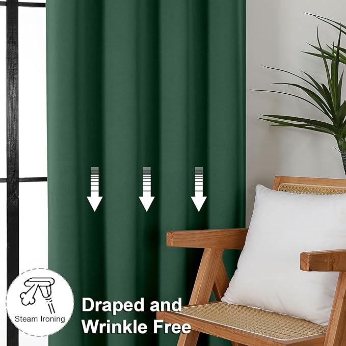 Simplebrand Ava Ever Green Blackout Curtains for Bedroom 63 Inch Length 2 Panels Set, Solid Thermal Insulated Privacy Living Room Window Treatment Curtains Blackout Drapes, W50 x L63 Inch