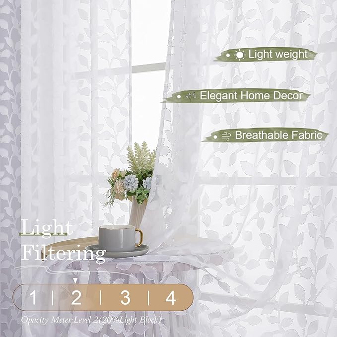 Chyhomenyc White Sheer Curtains 96 Inch Length 2 Panels Set, Light Filtering Tufted Textured Soft Airy Rod Pocket Gentle Leaf Window Treatment Drapes for Bedroom Living Room, 42" Wx96 L, 2PCS