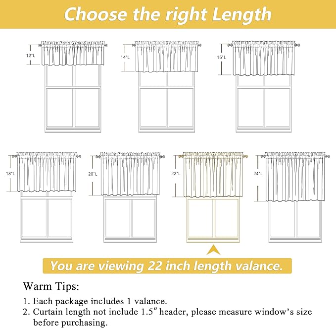 OWENIE Natural Valances for Windows 1 Pcs 22 Inch Length, Light Filtering Textured Short Small Valance Curtains for Bathroom Basement Living Room Bedroom, Half Window Curtains Over Sink, 60"W by 22"L