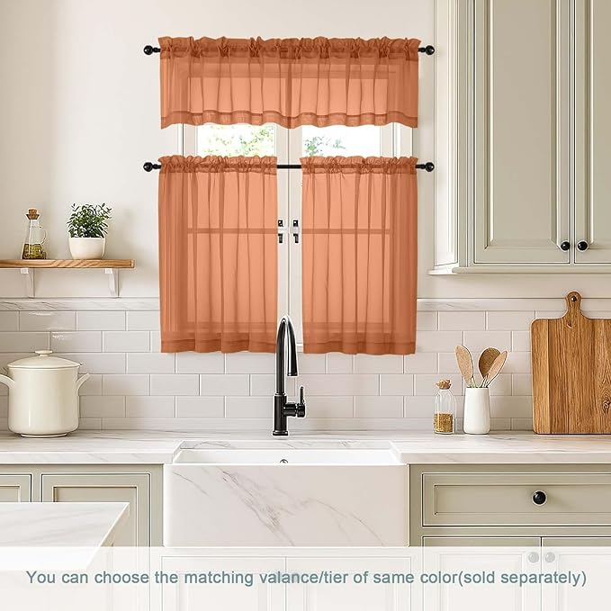 Orange Small Sheer Curtains 2 Panels Set, Kitchen Curtains 36 Inch Length, Elegant Light Filtering Short Window Drapes for Living Room Bedroom, Dual Rod Pocket Design, 2x42Wx36L Inches