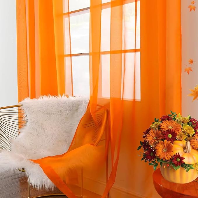 youleyar Solid Sheer Rod Pocket Curtain Voile Draperies 2 Panels White Beige Orange Grey Coffee 60 Inch Width 63 Inch Long 1 Pair for Kitchen Bedroom Children Living Room Yard(Orange,60Wｘ63L)