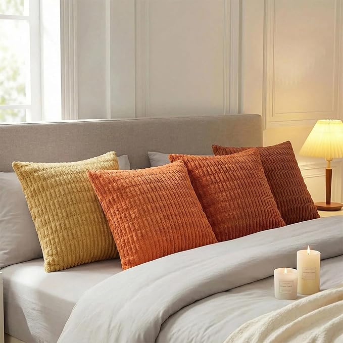 Fancy Homi Set of 4 Fall Decorative Throw Pillow Covers 12x12 Inch for Couch Bed Chair, Burnt Orange Series Farmhouse Boho Room Decor, Soft Fuzzy Corduroy Textured Striped Cushion Case 30cm