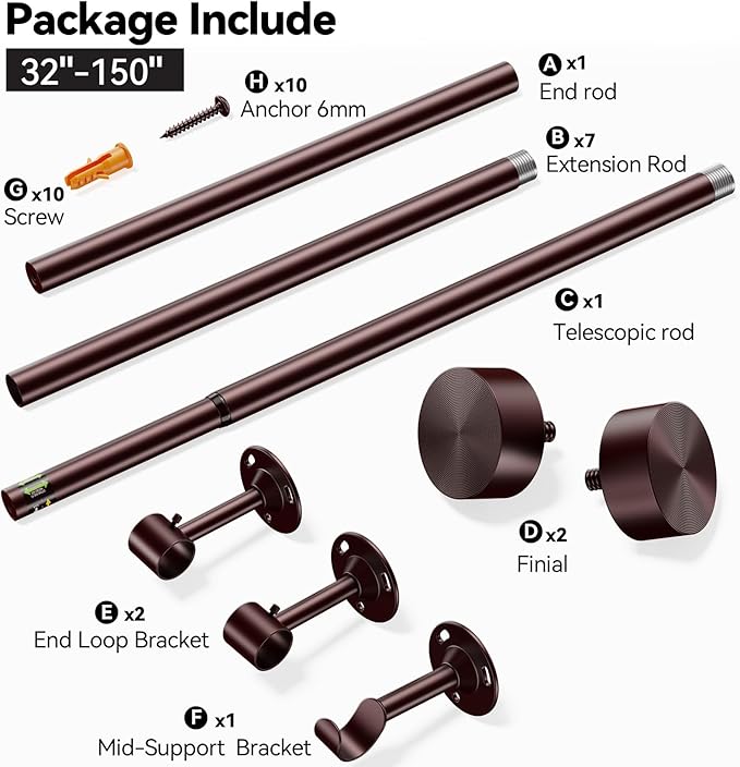 YaFex Heavy Duty Curtain Rods 32-150 Inch, 1 Inch Adjustable Bronze Curtain Rod for Windows, Extra Long Window Treatment Rods with Aluminium Finials, Easy Installation