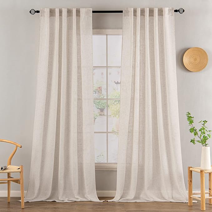 MIULEE Natural White Linen Curtains 90 Inch Length 2 Panels for Bedroom Living Room, Soft Thick Linen Textured Window Drapes Semi Sheer Light Filtering Back Tab Rod Pocket Burlap Look Decor, W37xL90